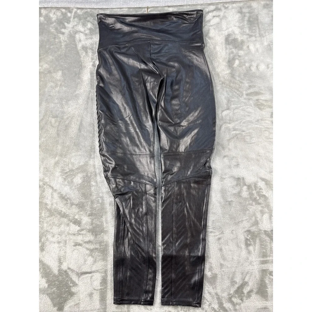Spanx Leggings Womens XL Moto Black Faux Leather Ribbed Shaping NEW